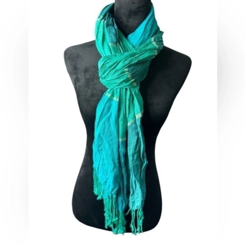 Anne Klein Teal Turquoise Lightweight Scarf with Metallic Accent Fringe